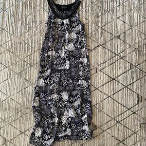 Beaded Neck Black & White Patterned Maxi Dress
